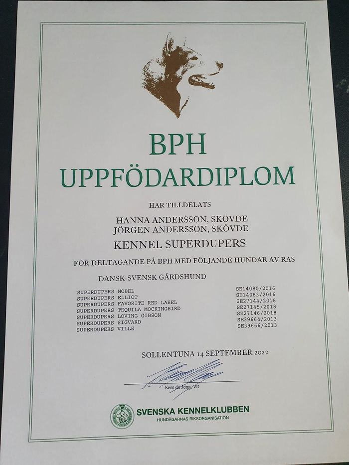 Roligt att vi har fått ett Uppfödare diplom för BPH, Stort Tack till våra härliga valpköpare:))
